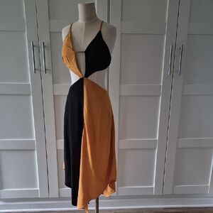 MMK Two-Tone Cutout Midi Dress – Mustard & Black Colorblock – Size S/M